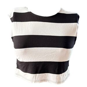 Black and White Striped Crop Top with Cap Sleeves